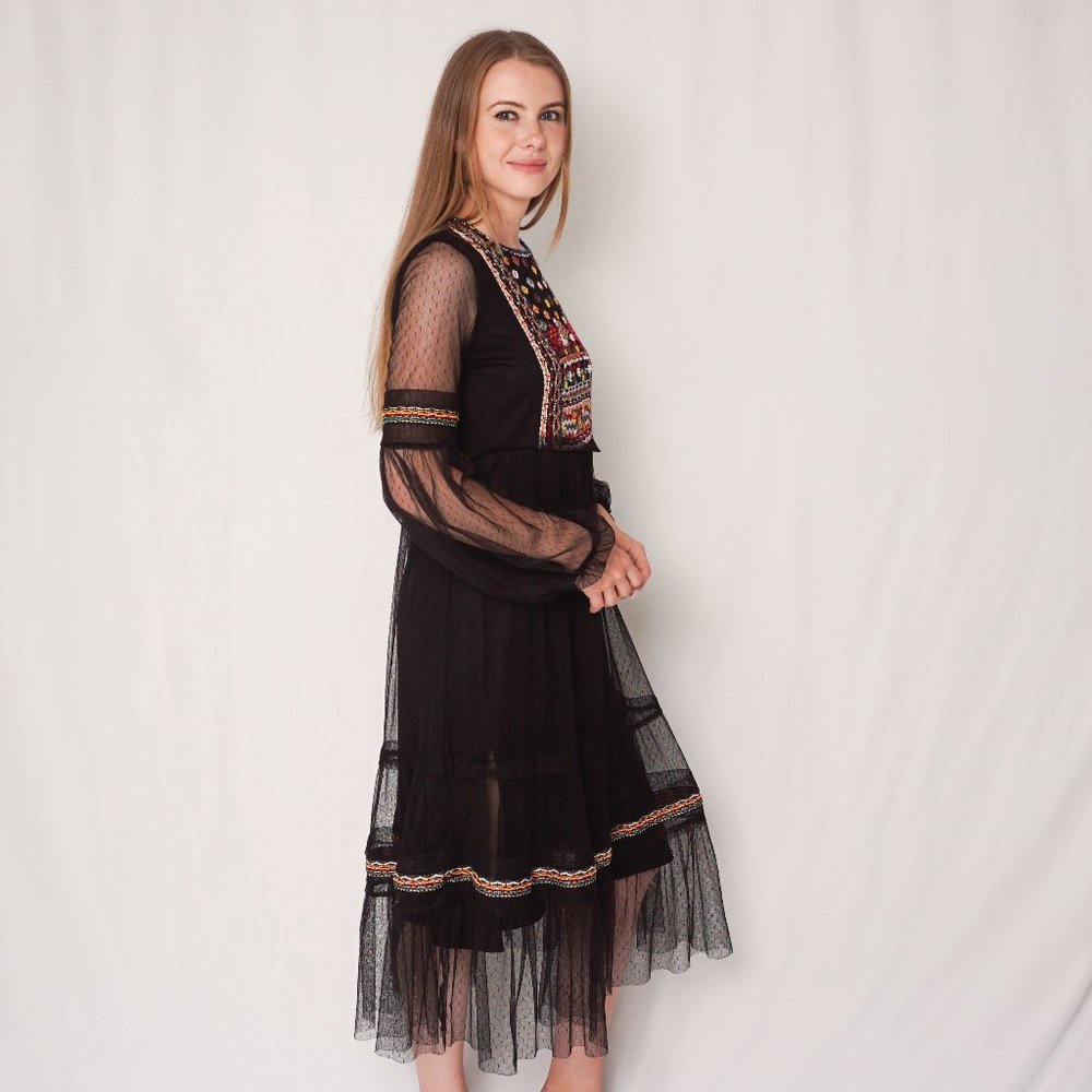 Zara Beaded Embroidered Mesh Black Midi Dress - Picture 4 of 9